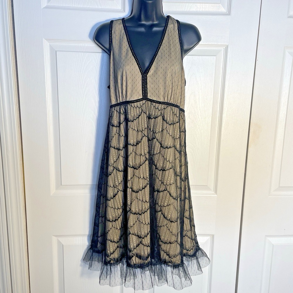 Vintage Max Studio SP Dress Women‎ Large Beige Black Lace Overlay Y2K Sleeveless